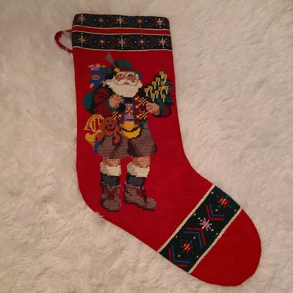 Christmas Stocking Santa Merry Christmas Petit Needlepoint Completed Bear Tree